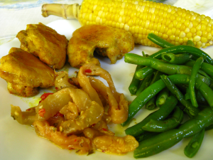 Curry chicken, corn, green beans and marinated eggplant