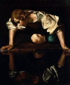 Narcissus by Caravaggio. Gazing at his own reflection.