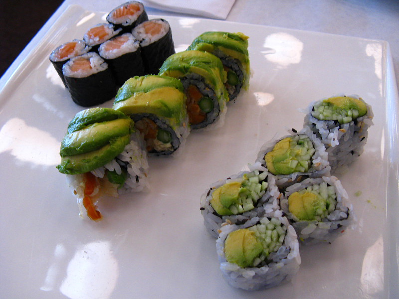 Salmon, avocado and cucumber dishes